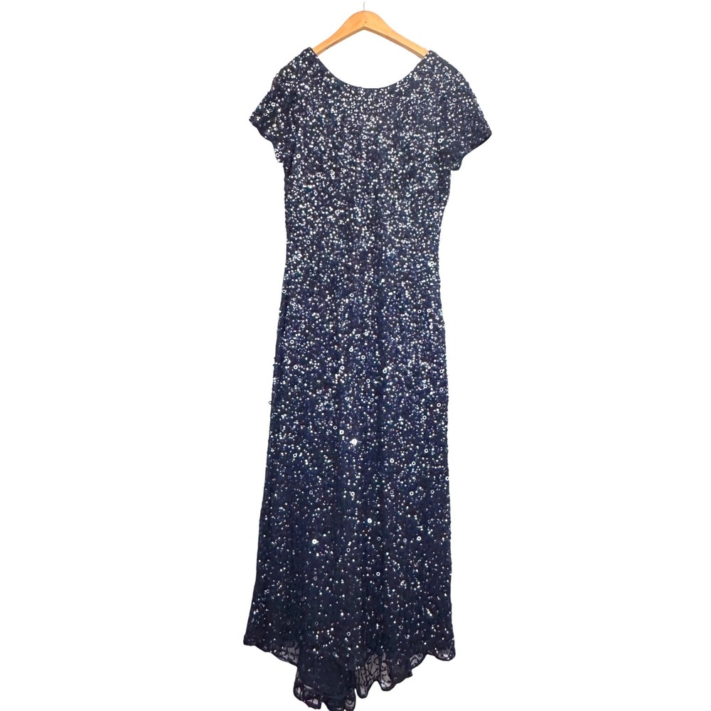 Adrianna Papell Gown Size 14 Sequin‎ Formal Evening Dress Train Navy Blue